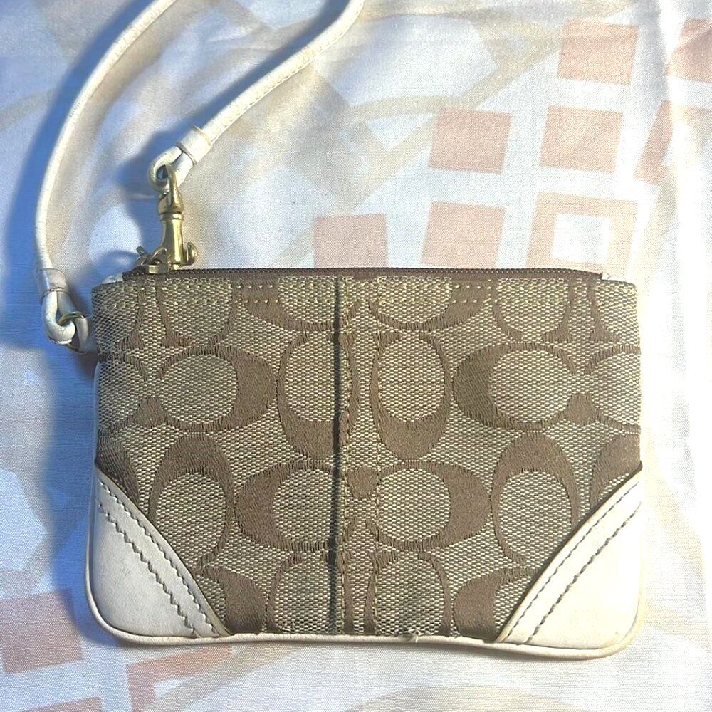 Coach Signature C Khaki Wristlet with White Leather Trim - GUC
